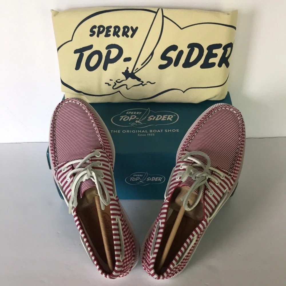 Sperry Leather 3-Eye Boat Shoe Red Gingham 7.5
